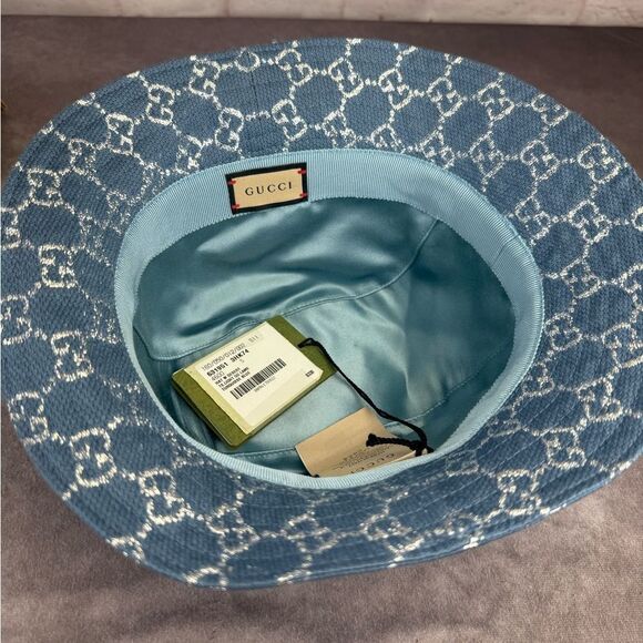 Gucci NWT Canvas Lame GG Monogram Bucket Hat Small Light Blue Silver - Picture 7 of 11